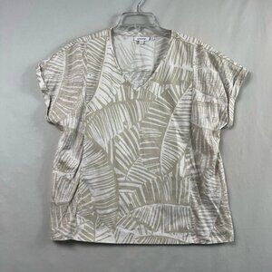Chicos 2 Top Womens L Beige White Leaf Palm Print V-Neck Tropical Linen